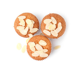 Muffins with fresh almond flakes isolated on white, top view