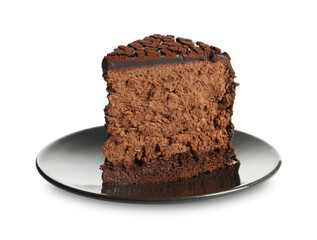 Piece of delicious chocolate truffle cake isolated on white