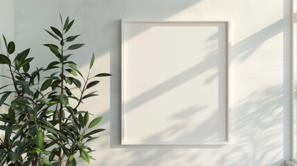 A minimalist artwork featuring the delicate shadows of plants cast on a plain white canvas,...