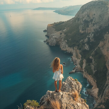 Italian Cliffside Woman Overlooks the Sea