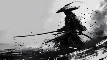 Abstract ink drawing of a samurai. Japanese style art.