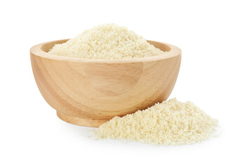 Fresh almond flour and bowl isolated on white