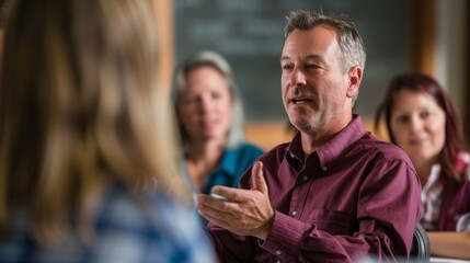 Obraz premium An experienced senior professional explains ideas to a diverse group in a casual business environment, demonstrating leadership and expertise.