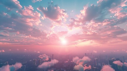 The sun sets dramatically over a bustling city enveloped in a blanket of clouds, casting golden hues across the vast, cloud-covered landscape.