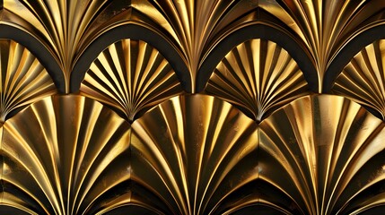 Seamless golden Art Deco palm fan or shell line pattern. Vintage 1920 abstract geometric gold plated relief sculpture on dark black background. Modern elegant metallic luxury backdrop. 3D rendering.