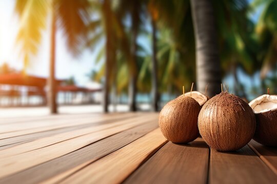 A photo of young coconuts an wooden table with a tiki beach bar blurred background Generative AI