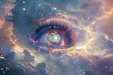 Surreal and artistic close-up of the human eye. It combines elements of the universe and imagination. The iris of the eye is seen as a galaxy. With a detailed and imaginative design.