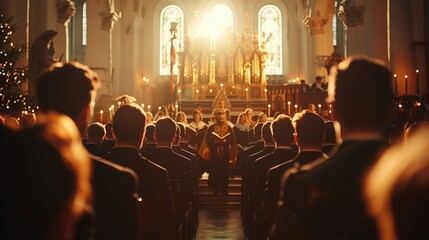 An enchanting image of a church choir performing during a Whit Monday service, their voices raised in harmonious celebration.
