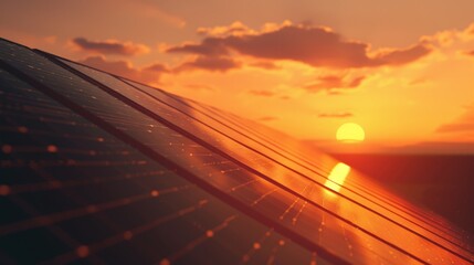 Solar panels gleam under the setting sun, highlighting the promise of renewable energy with a picturesque sky in the backdrop, embodying innovation and sustainability.