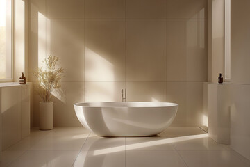Fototapeta na wymiar Swiss Modern Home Bathroom with Sleek Fixtures and Glossy Ceramic Tiles, Highlighted by Soft Daylight in a Neutral Palette