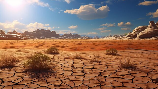 A vast desert landscape with a clear blue sky and a bright sun. The ground is covered in cracked earth, with occasional shrubs and rocks dotting the landscape.