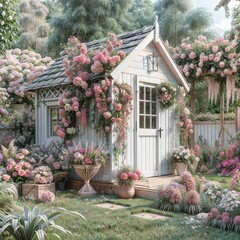Fototapeta premium Idyllic garden shed surrounded by blooming flowers