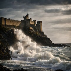 A landscape photo of large waves crashing in front of a large castle wall.