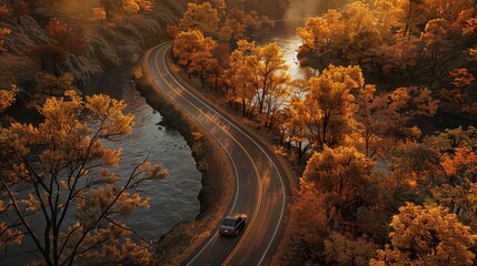 Naklejka premium Spectacular Aerial View of a Vehicle Driving Along in Autumn
