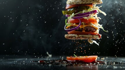 A deconstructed hamburger with layers suspended in the air, showcasing ingredients like lettuce,...