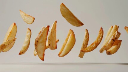 Sliced potato wedges captured in midair against a plain background, giving the impression of floating or being tossed up.