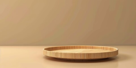 3D render of bamboo serving platter isolated on beige backdrop, illustration, copy space, for your product