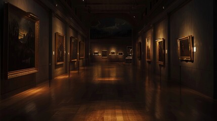 An enchanting image of a museum's dimly lit gallery, highlighting the artwork's subtle details and textures.