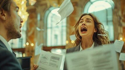The image shows a man and a woman in a heated argument, with papers flying around them. The woman is clearly upset, while the man is trying to reason with her. - obrazy, fototapety, plakaty