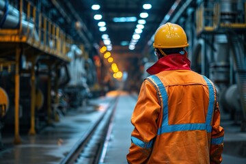 The image shows a worker wearing a hard hat and safety vest walking through a factory, looking at the production line.