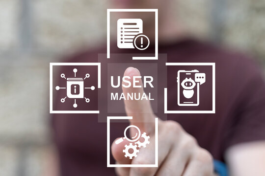 Man working on virtual touch screen presses inscription: USER MANUAL. Business Service: User Manual Guide, Online Instruction Manual, Client Book on Computer, Strategy Advice.