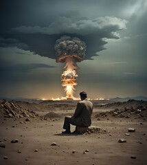 A lone observer is captivated by a colossal explosion, casting an eerie glow over a barren landscape under a tempestuous sky