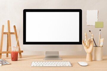 Minimal artist workspace, blank computer screen