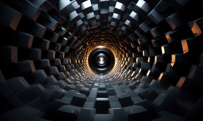 3d rendered tunnel with geometric patterns leading to a glowing orange center, evoking a modern sense of depth and technological progress