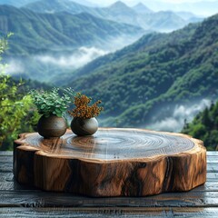 Photo of a wooden podium with nature landscape in the background for product presentation