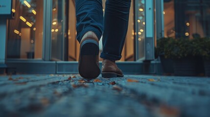 An enchanting image of a person's feet, walking away from the office building, with a sense of lightness and relief on Leave The Office Early Day.