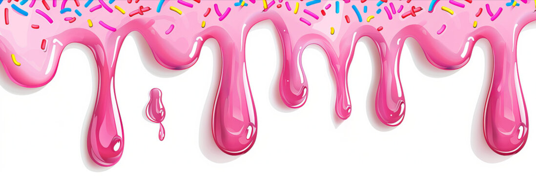 Pink icing sauce dripping down with colorful sprinkles