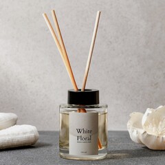 Reed diffuser bottle with white label, home spa aromatherapy