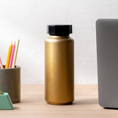 Gold insulated stainless steel water bottle, black cap