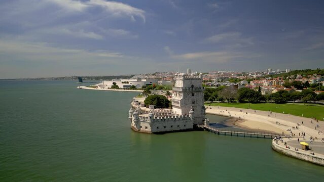 Scenic landscape of historic Belem tower ,UNSECO world heritage site in Lisbon metro area.
