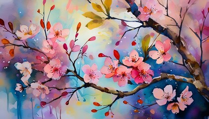ai generative of cherry blossom paintings with a dominant blue background; water painting