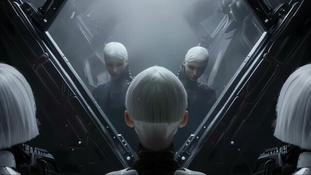 Eerie cinematic scene shows a group of identical white female cyborgs with sleek bob haircuts, symmetrically arranged and viewed from above in the shadowy angular interior of a spaceship. 