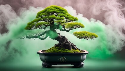 ai generative of hundreds of years old bonsai, with pastel colored smoke