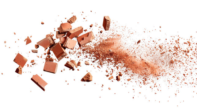 Flying pieces and powder of broken red brick