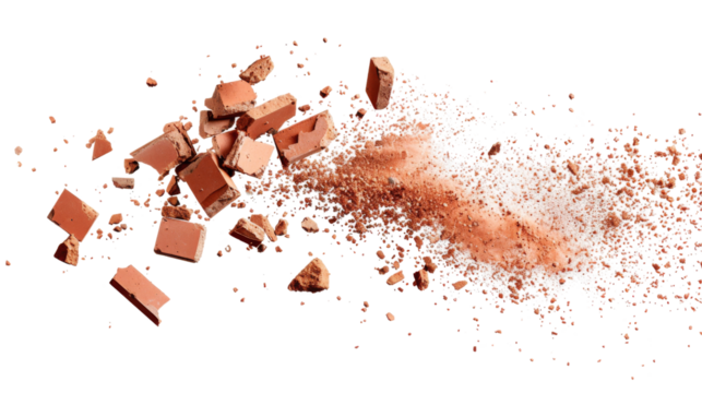 Flying pieces and powder of broken red brick