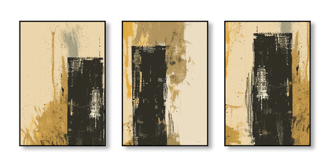 Abstract art watercolor painting, stylish modern wall art, triptych, flowers, texture, gold