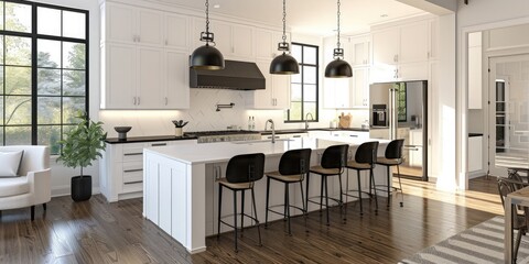 Kitchen interior with pristine white color creating bright clean look for cooking and dining areas with minimalistic design and neat organization.