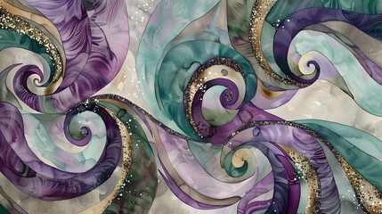Mesmerizing watercolor swirls entwined with glittering amethyst, jade, and topaz accents in a...