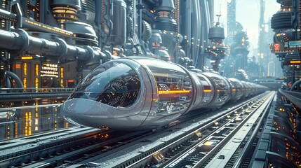 illustration of a super fast train on a track with super advanced technology in the future of a super metropolitan city