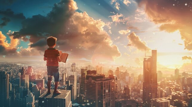 An Adventurous Child Standing On A City Rooftop With A Book In Hand, Acting Out The Story With The Cityscape As Their Backdrop, Embodying The Characters And Their Journeys.