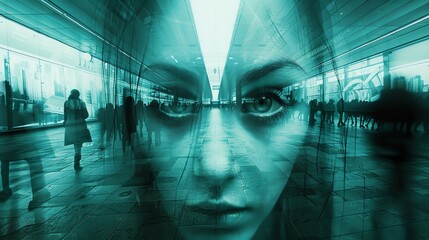 A bustling urban corridor overlaid with a pair of intense eyes, representing the intersection of humanity and urban technology in a digital age.