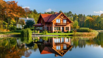 Fototapeta premium Red bricks house in countryside near the lake with mirror reflec 
