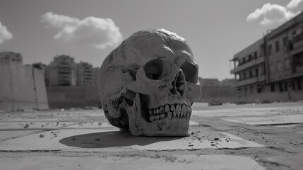 A human skull lying abandoned on a cracked urban landscape, evoking themes of mortality, abandonment, and the relentless passage of time.