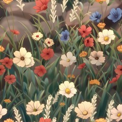 Beautiful digital illustration of a lush meadow filled with wildflowers in red, blue, and yellow, blending a sense of tranquility and nature.