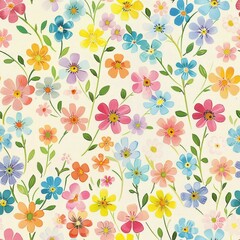 Cheerful and bright floral pattern featuring a variety of small, colorful flowers, perfect for springtime wallpapers and fabrics.