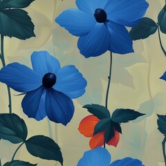Digital illustration of vibrant blue anemone flowers with dark centers and lush green foliage on a soft, light background.